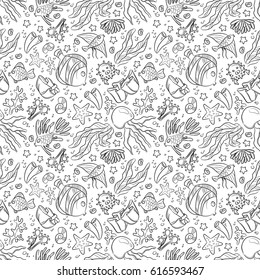 Seamless pattern with marine life: jellyfish, fishes, corals, seaweed, bubbles and stars. Hand draw art