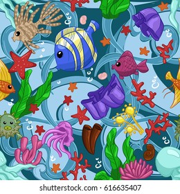 Seamless pattern with marine life: jellyfish, fishes, corals, seaweed, bubbles and stars. Hand draw art