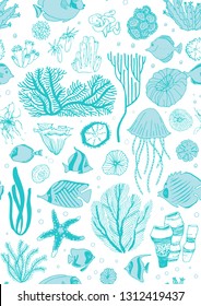 Seamless pattern with marine life on white background. Vector illustration.