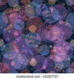 Seamless pattern Marine life on the background of colorful blots, inks,bubbles with :fish, turtle,shell,seaweed,jellyfish,coral,sea urchins,fish Hammer,bubbles