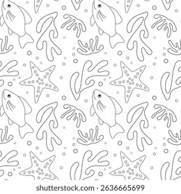 Seamless pattern with marine life on a white background. Black and white vector illustration with fish and corals