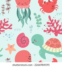 Seamless pattern with marine life. Sea and ocean, flora and fauna. Vector.