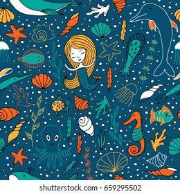 Seamless pattern marine life. Sea creatures are hand-drawn in Doodle style. Fish, seaweed, shells and mermaids.