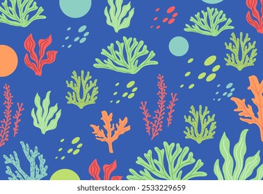 Seamless pattern with marine life. seaweed