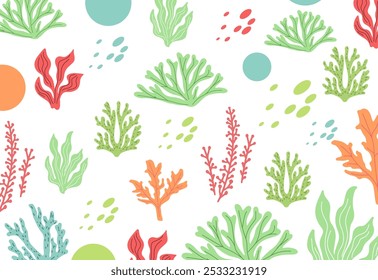 Seamless pattern with marine life and seaweed