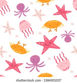 Seamless pattern with marine life. Underwater world. Red starfish and pink jellyfish, orange crab and purple octopus. Vector illustration. White background