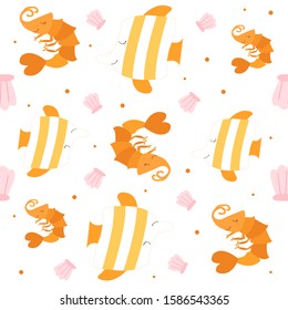 Seamless pattern with marine life. Underwater world. Orange shrimp and striped fish. Vector illustration. White background