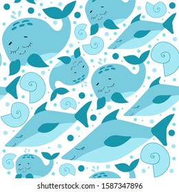 Seamless pattern with marine life. Underwater world. Blue whale and shark.  Vector illustration. White background