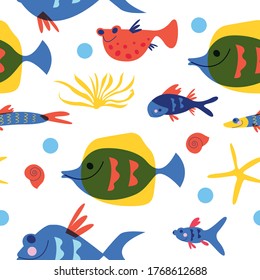Seamless pattern. Marine life, underwater world, aquarium fish. Vector illustration on a white background.