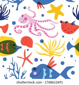 Seamless pattern. Marine life, underwater world, aquarium fish. Vector illustration on a white background.