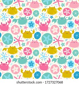 Seamless Pattern With Marine Life. Vector Illustration With Crabs, Starfish And Seashells.