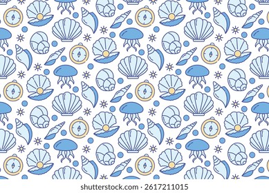 Seamless pattern with marine linear icons on a soft background. Light, playful, and perfect for summer packaging, textiles, or beach-themed projects.