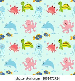 Seamless pattern with marine mammals, colorful vector illustration - turtle, crab, jellyfish, dolphin, octopus and fishes. Ocean and underwater. Endless texture for kids design