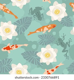 Seamless pattern with marine nature, fish, lilies, lotuses, frogs. East Asian ornament with a summer pond. Vector graphics.