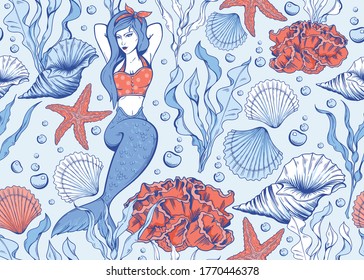 Seamless pattern with marine and nautical elements. Hand drawn outline. Mermaid, shells, coral, seaweed, etc