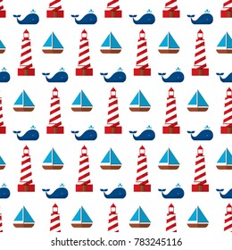 seamless pattern marine nautical sea lighthouse whale animal boat sailboat blue red white background wallpaper textiles vector ocean