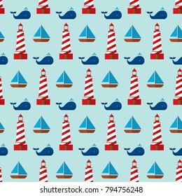 seamless pattern marine nautical sea lighthouse whale animal boat sailboat blue red background wallpaper textiles vector ocean giftwrap