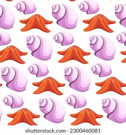 Seamless pattern with marine nautical seashell, orange starfish. Swimming pool accessories, tropical resort. Beach party holidays, summer vacation, leisure, recreation, rest item. Vector for banner