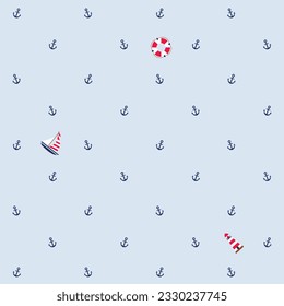 Seamless pattern with marine object such as boats, lighthouse, anchor, tube cute simple elements on light blue background