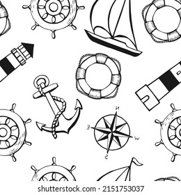 Seamless pattern with marine objects. Sea or ocean underwater life background.