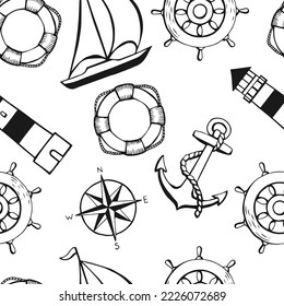 Seamless pattern with marine objects. Sea or ocean underwater life background.