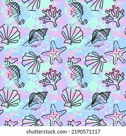 Seamless pattern of marine objects: seahorse, star, coral, seashells. Black silhouettes with a marker on a pastel mother-of-pearl background. Vector print.