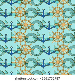 Seamless pattern with marine objects in turquoise tones