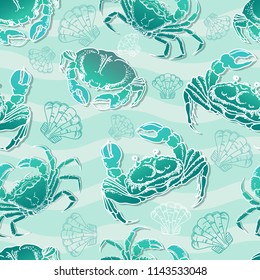 Seamless pattern marine ornament with crabs, shell and waves on light blue background. Vector illustration.
