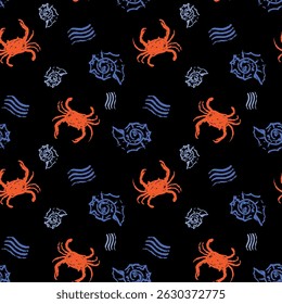 Seamless pattern marine ornament with crabs, shell and waves on white background. Rough chalk sketch hand drawn vector illustration. For textile, web, digital paper