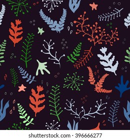 seamless pattern of marine plants. Bright underwater seamless pattern with beautiful corals. Stylish abstract seamless pattern in vector.  colorful underwater design elements