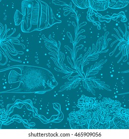 Seamless pattern with marine plants, coral, seaweed and tropical fish. Collection of hand drawn marine flora and fauna. Vector illustration 