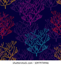 Seamless pattern with marine plants, corals and seaweed. Vector illustration 
