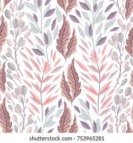 Seamless pattern with marine plants, leaves and seaweed. Hand drawn marine flora in watercolor style. Vector illustration