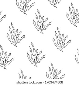Seamless pattern with marine plants. Vector seamless illustration with underwater algae. Summer design for paper, fabrics, tableware, clothing. Wallpaper design for cafes, rooms, kitchens. 