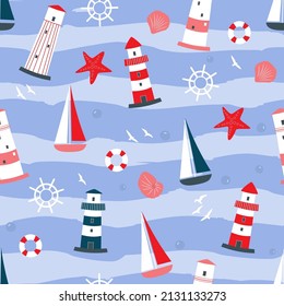 Seamless pattern with marine print. Boats, lighthouses, starfish, steering wheel on the background of the sea. Vector graphics.