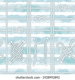 Seamless pattern with marine rope and knots on striped watercolor background. Perfect for design templates, wallpaper, wrapping, fabric and textile.