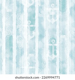 Seamless pattern with marine rope, knots and anchors on blue watercolor background. Sea abstract vector background. Perfect for design templates, wallpaper, wrapping, fabric, print and textile.