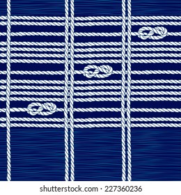 Seamless pattern with marine rope and knots on a blue background.