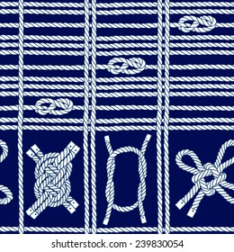 Seamless pattern with marine rope and knots on a blue background.
