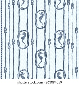 Seamless pattern with marine rope, knots and seahorses.