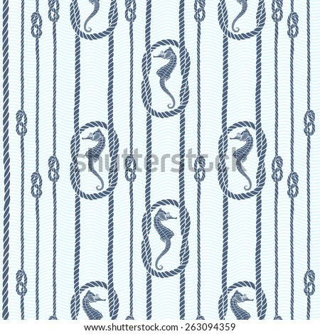 Seamless pattern with marine rope, knots and seahorses.
