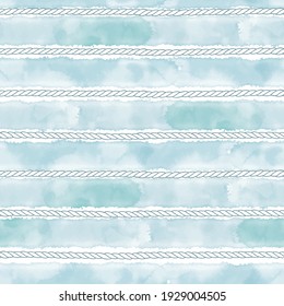 Seamless pattern with marine rope  on striped watercolor background. Perfect for design templates, wallpaper, wrapping, fabric and textile.