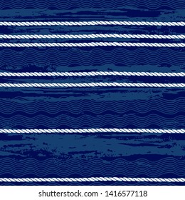Seamless pattern with marine rope and waves on blue texture background.