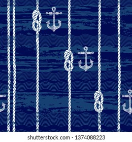 Seamless pattern with marine rope,knots, anchors and waves on blue texture background. Hand-drawn vector illustration.