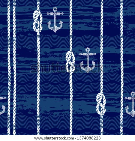Seamless pattern with marine rope,knots, anchors and waves on blue texture background. Hand-drawn vector illustration.