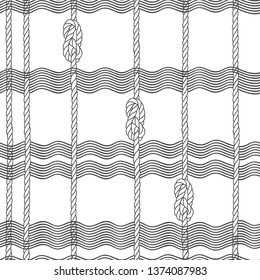 Seamless pattern with marine rope,knots and waves on white background.
