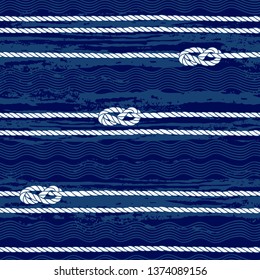 Seamless pattern with marine rope,knots and waves on blue texture background.