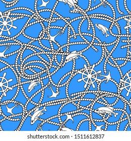 Seamless pattern with marine ropes on a background of the sea.Fashionable pattern for fabric, wallpaper or cover. Summer Nautical mood. Stylish print.