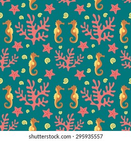Seamless pattern of marine seahorse, corals, starfish. Ocean background. Marine life seamless pattern with sea animals. Marine life seamless background. 
