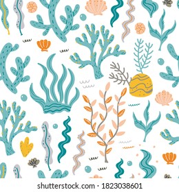 Seamless pattern with marine seaweed. Pattern for bedroom, wallpaper, kids and baby t-shirts and wear, hand drawn nursery illustration